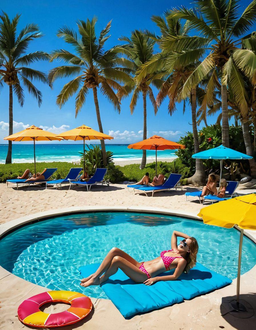 A vibrant beach scene featuring colorful bikinis on sunbathers lounging by a sparkling pool, with palm trees swaying in the background. Include playful children splashing in the water and beach games like frisbee and beach volleyball. The sun shines brightly, creating a cheerful atmosphere, with tropical drinks on tables and beach towels scattered around. Emphasize the fusion of fashion and fun under a clear blue sky. tropical, vibrant colors, super-realistic.