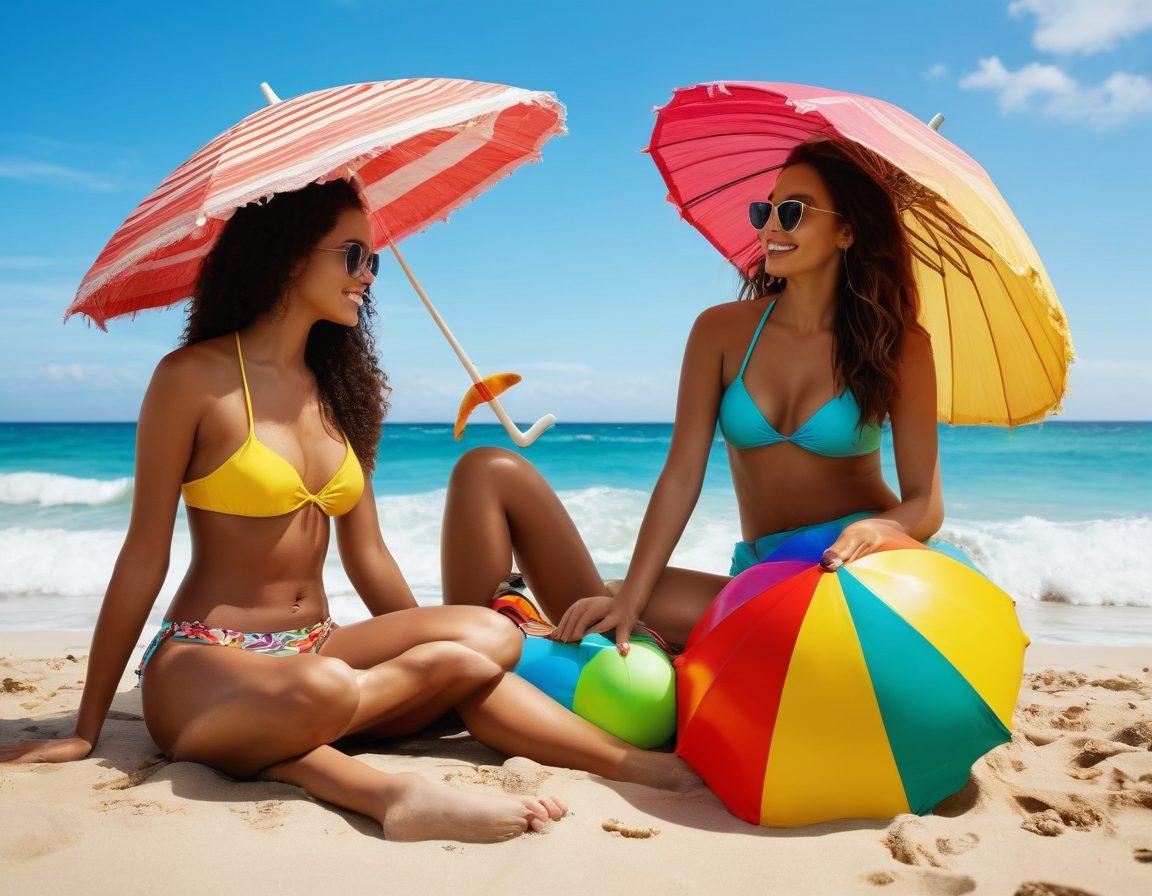 A sun-kissed beach scene featuring diverse models showcasing the latest bikini trends and vibrant beachwear essentials, with colorful umbrellas, surfboards, and waves in the background. The models exude confidence and joy, styled with tropical accessories like sunglasses and beach hats. Bright and inviting colors, an idyllic summer atmosphere, and playful elements like beach balls and seashells enhance the scene. super-realistic. vibrant colors. summer vibe.